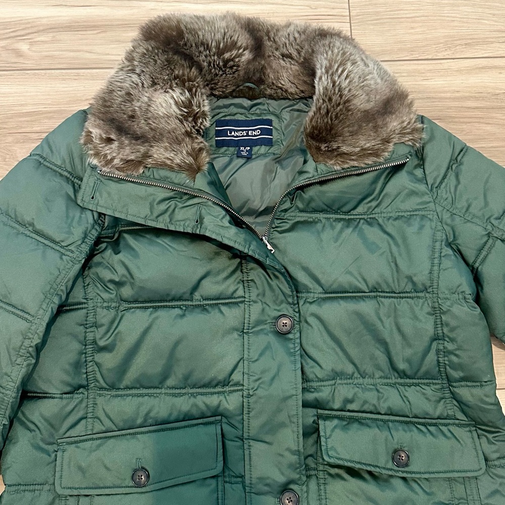 Lands’ End Forest Green Puffer Coat Faux Fur Collar Size XL/P